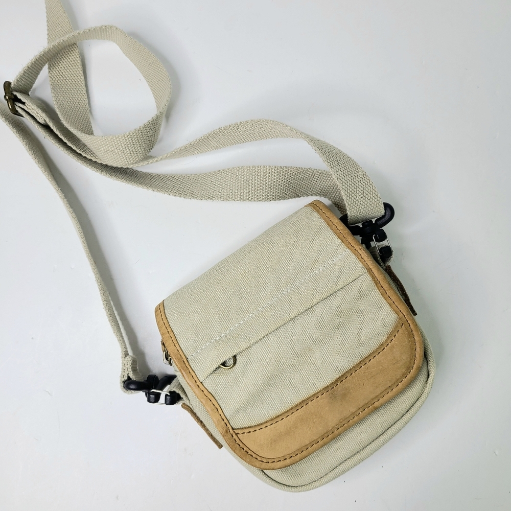L.L. Bean Canvas Genuine Tan Leather Safari Travel Small Crossbody Unisex Bag